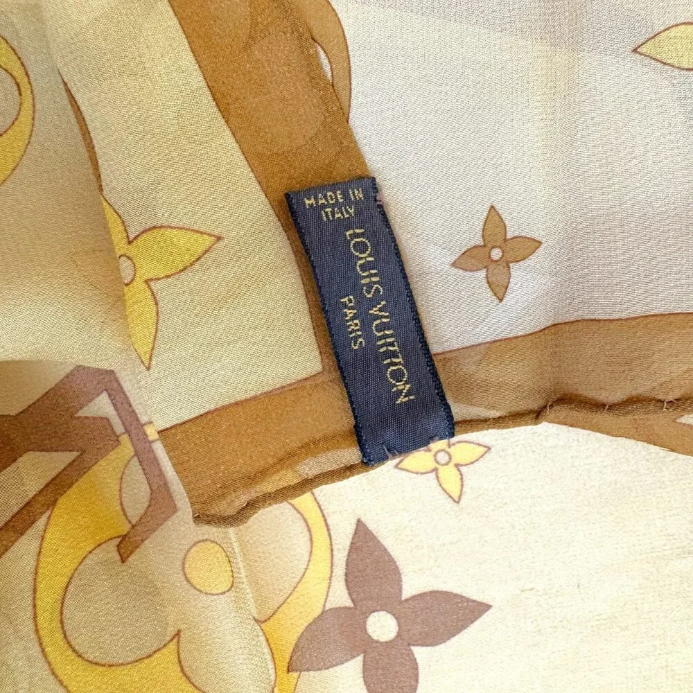 Louis Vuitton Beige & Brown Monogram Print Sheer Square Silk Scarf
